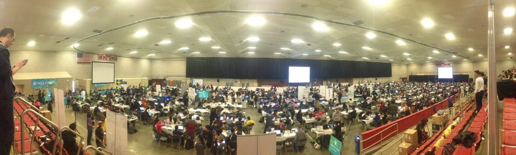 A panorama picture of the gym floor at HackMIT 2014